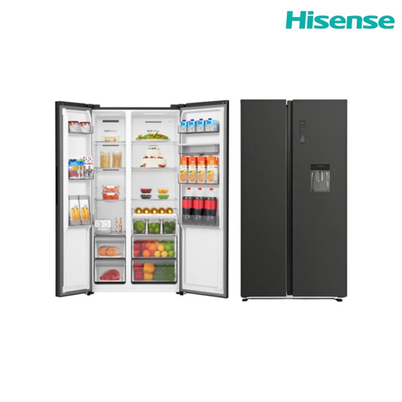 ثلاجة سايد باي سايد هايسنس RS3P725NBG فئة 670 لتر (550 لتر صافي) No Frost Inverter موزع ماء - زجاج أسود